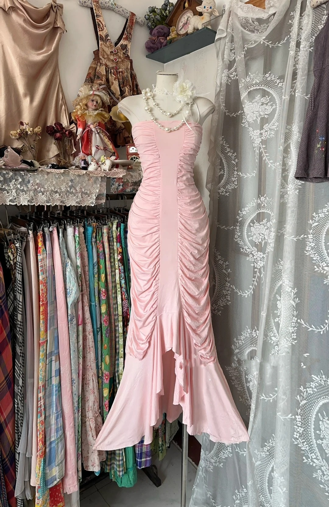Robe de bal longue rose sirène bustier à volants, tenue de soirée formelle N1059