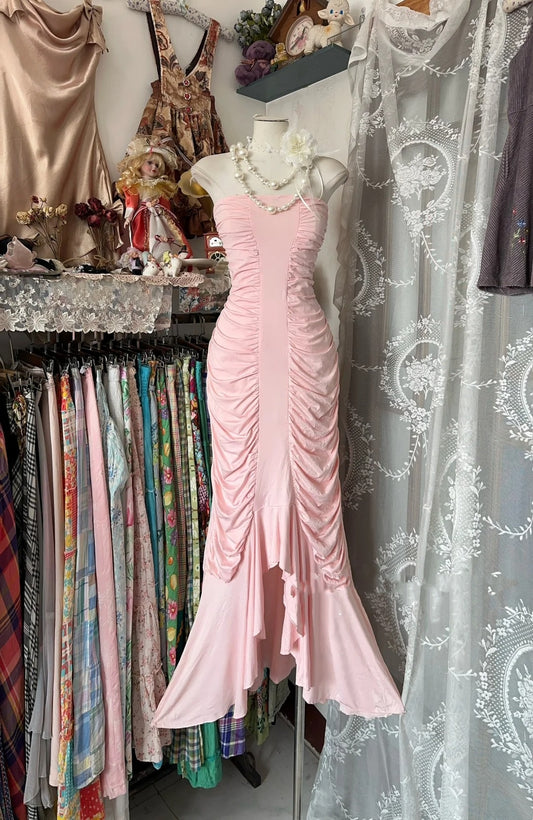 Robe de bal longue rose sirène bustier à volants, tenue de soirée formelle N1059