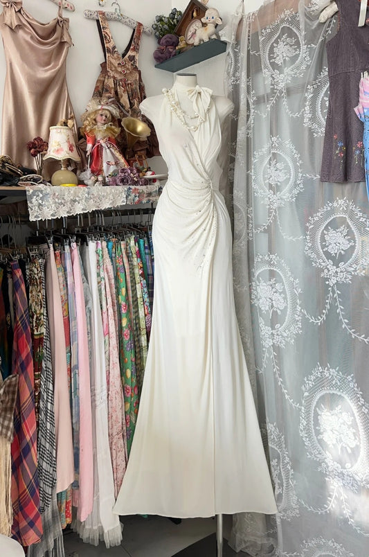 Robe de bal longue sirène élégante ivoire à col halter pour adolescentes - Tenue de soirée - Robe de cérémonie N1056