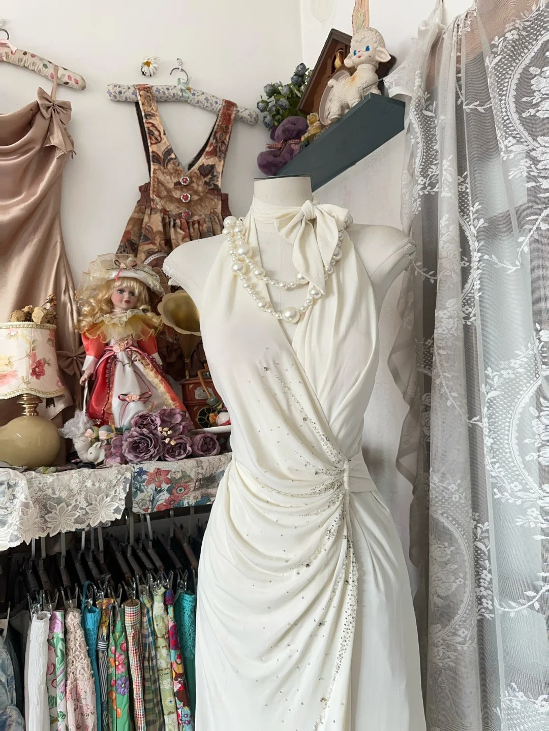 Robe de bal longue sirène élégante ivoire à col halter pour adolescentes - Tenue de soirée - Robe de cérémonie N1056