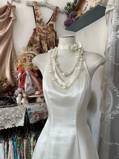 Elegantes, langes, weißes Satin-Abendkleid in A-Linie mit Neckholder für Teenager, formelles Abendkleid N1057