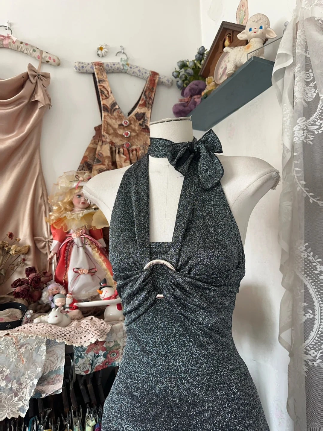 Retro Meerjungfrauen-Halterkleid, grau, lang, für Teenager, Abendgarderobe, Abschlusskleid N1061