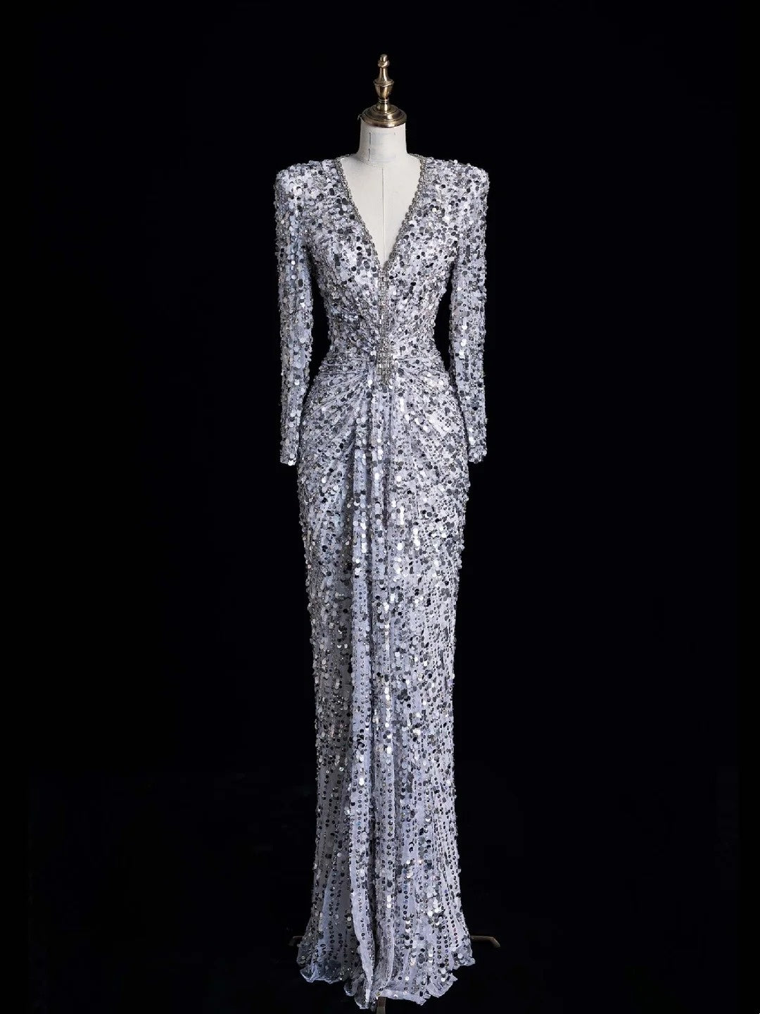 Bezauberndes Meerjungfrauen-Abendkleid mit V-Ausschnitt, silbergrau, gerafft und mit Pailletten besetzt, langes Ballkleid, formelles Kleid N1045