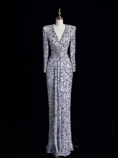 Bezauberndes Meerjungfrauen-Abendkleid mit V-Ausschnitt, silbergrau, gerafft und mit Pailletten besetzt, langes Ballkleid, formelles Kleid N1045