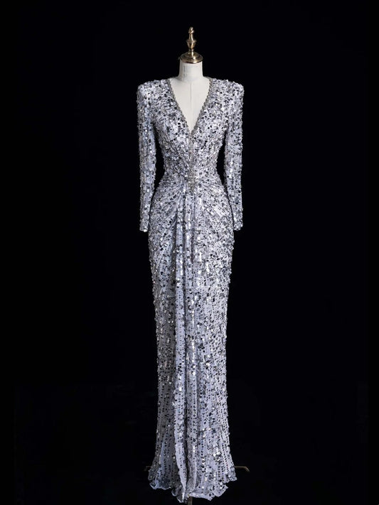 Robe de bal longue sirène argentée à col en V et sequins froncés, élégante et raffinée, référence N1045