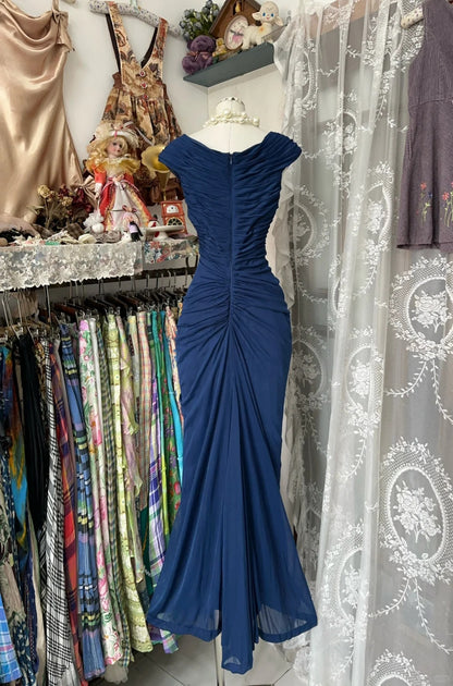 Retro Meerjungfrauen-Abendkleid aus marineblauem Chiffon mit V-Ausschnitt für Teenager, Abschlussballkleid N1062
