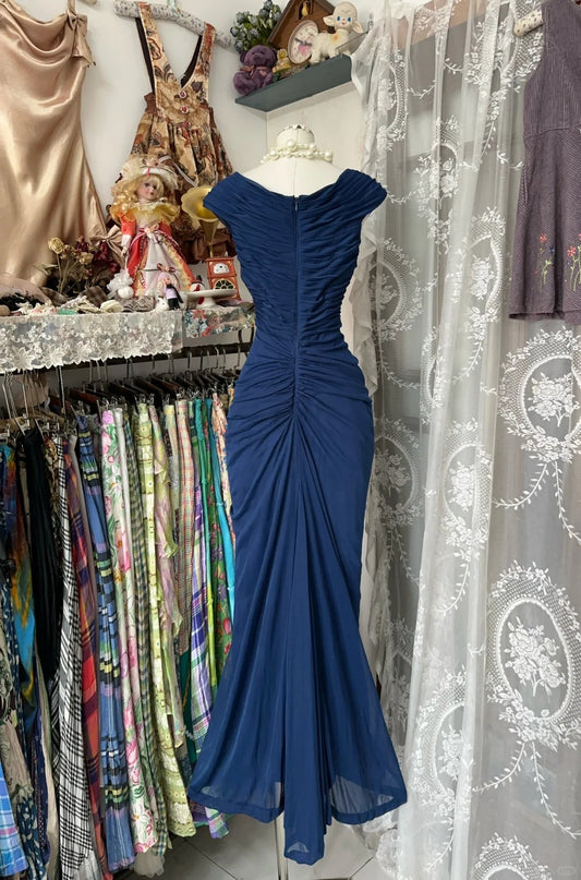 Robe de bal longue en mousseline bleu marine, col en V, style sirène rétro, pour adolescentes - Tenue de soirée - Robe de fin d'études N1062