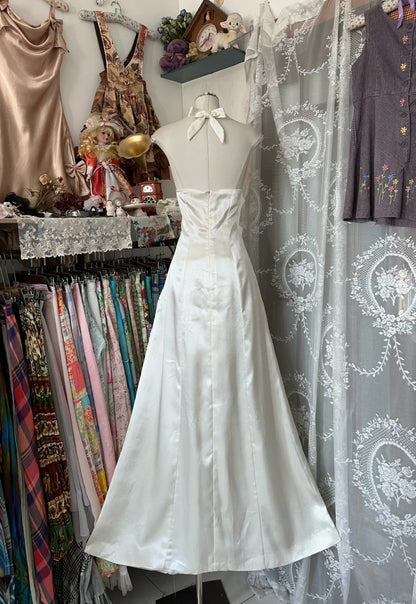 Elegantes, langes, weißes Satin-Abendkleid in A-Linie mit Neckholder für Teenager, formelles Abendkleid N1057