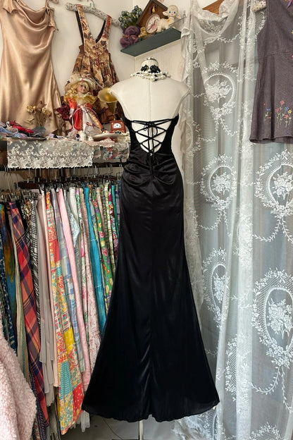 Elegantes, langes Meerjungfrauen-Halterkleid aus schwarzem Satin für Teenager, Abendgarderobe, formelles Kleid N1063