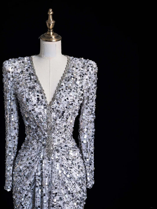 Robe de bal longue sirène argentée à col en V et sequins froncés, élégante et raffinée, référence N1045