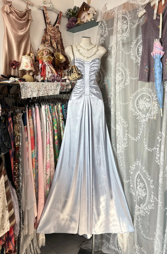 Robe de bal longue sirène élégante en satin argenté à décolleté cœur pour adolescentes, tenue de soirée formelle N1064