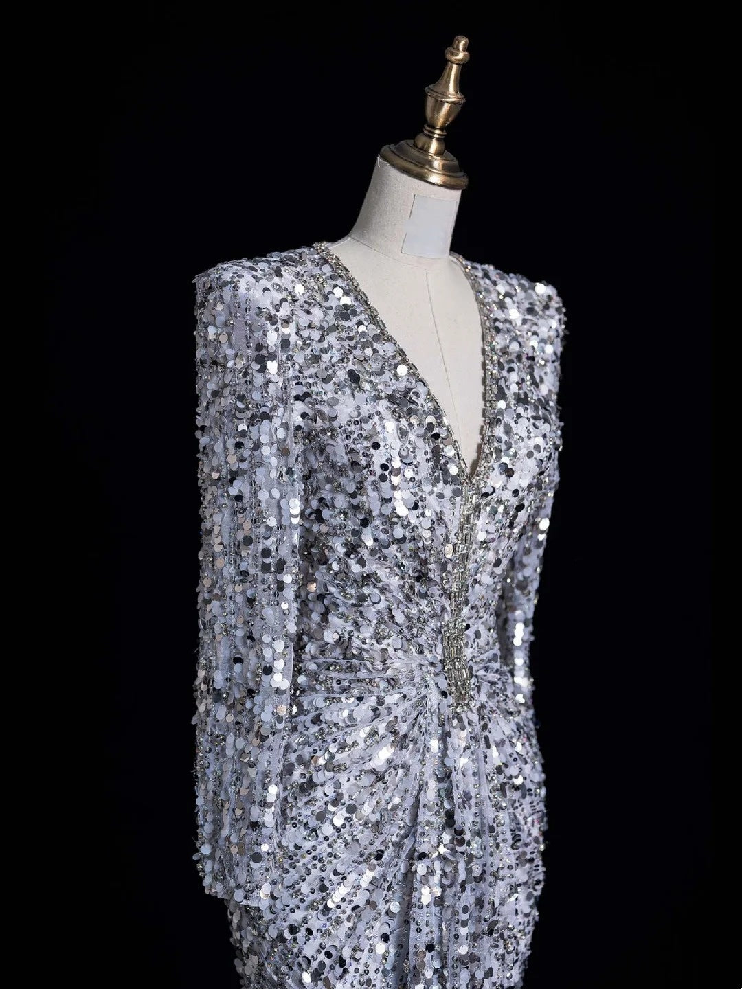 Bezauberndes Meerjungfrauen-Abendkleid mit V-Ausschnitt, silbergrau, gerafft und mit Pailletten besetzt, langes Ballkleid, formelles Kleid N1045