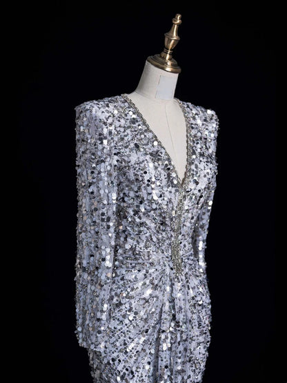 Bezauberndes Meerjungfrauen-Abendkleid mit V-Ausschnitt, silbergrau, gerafft und mit Pailletten besetzt, langes Ballkleid, formelles Kleid N1045