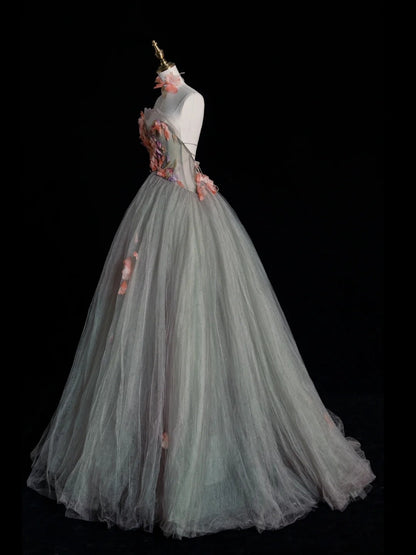 Modest Ball Gown Strapless Gray Tulle Long Prom Dresses For High School Teens Girls Formal Bridesmaid Dress N1068