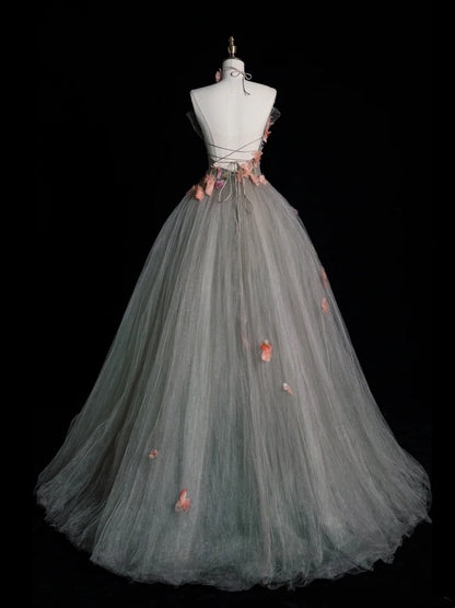 Modest Ball Gown Strapless Gray Tulle Long Prom Dresses For High School Teens Girls Formal Bridesmaid Dress N1068