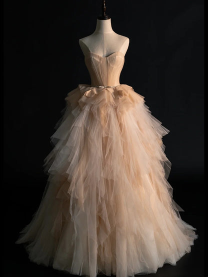 Elegantes Ballkleid Sweethart aus Tüll in Champagner – College- und Abendgarderobe, langes Abschlussballkleid, Inspiration für Abschlussfeiern, N1232