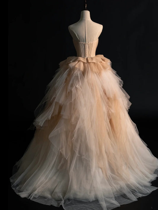 Modest Ball Gown Sweethart Tulle Champagne College Formal Outfits Long Prom Inspo Graduation Dresses N1232