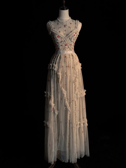 Princess A Line Spaghetti Strap White Flowers Spring Tulle Inspiration Long Prom Dresses N1235
