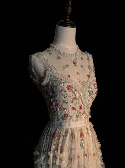 Princess A Line Spaghetti Strap White Flowers Spring Tulle Inspiration Long Prom Dresses N1235