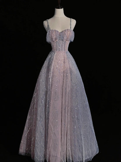 Robe de bal princesse à bretelles spaghetti bleu poudré et sequins, inspiration printemps, robe de bal longue N1237