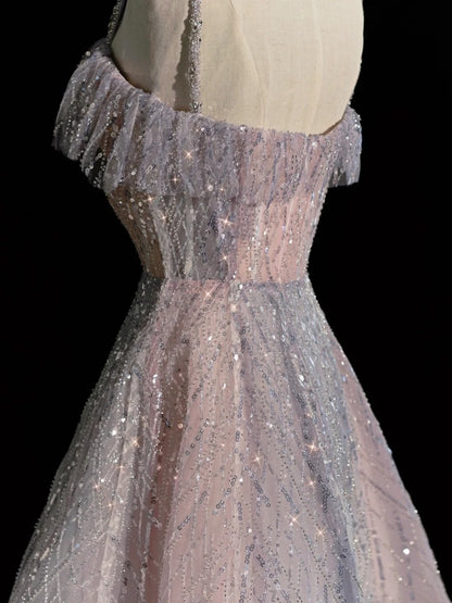 Robe de bal princesse à bretelles spaghetti bleu poudré et sequins, inspiration printemps, robe de bal longue N1237