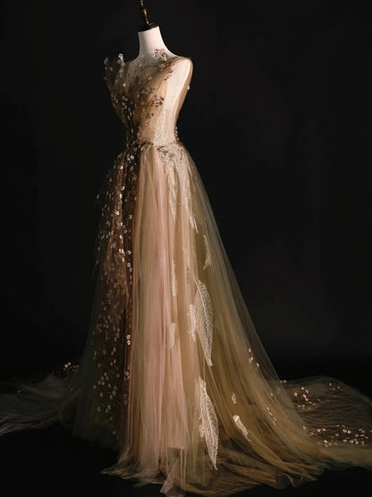 Elegantes, schlichtes A-Linien-Kleid aus Tüll mit V-Ausschnitt und Blumenmuster – perfekt für College, Abschlussball oder andere festliche Anlässe (N1238)