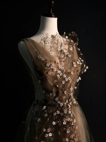 Elegantes, schlichtes A-Linien-Kleid aus Tüll mit V-Ausschnitt und Blumenmuster – perfekt für College, Abschlussball oder andere festliche Anlässe (N1238)