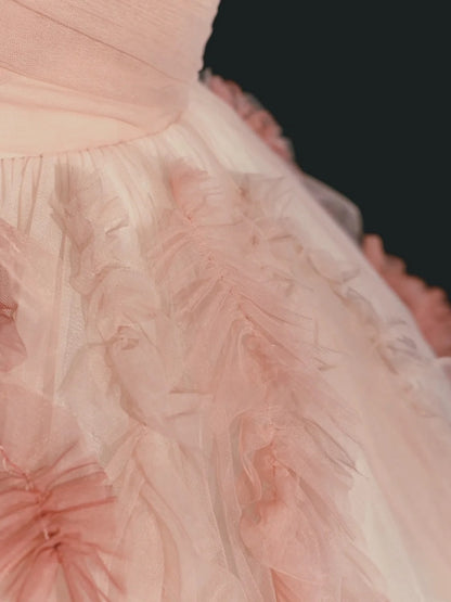 Elegant Ball Gown Spaghetti Strap Pink Tulle Inspiration Long Prom Dresses N1233