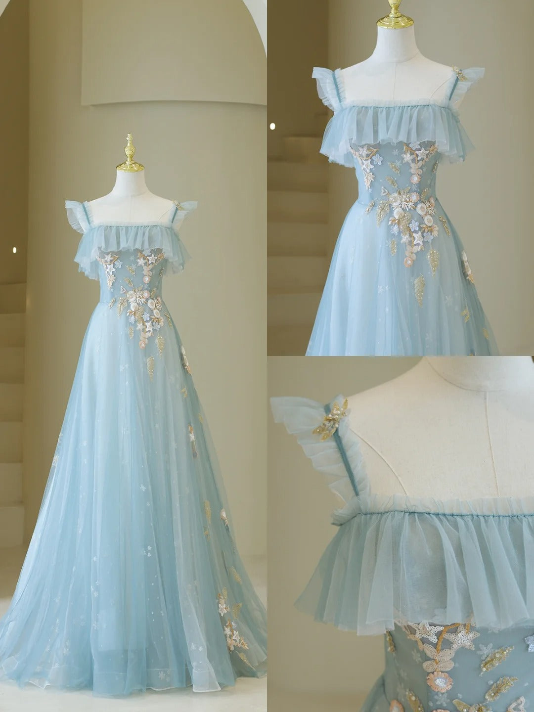Cute Ball Gown Spaghetti Straps Light Sky Blue Tulle Long Prom Dresses Impress 19th Birthday Outfits Prom Gown AB865