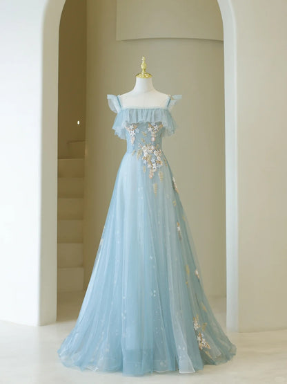 Cute Ball Gown Spaghetti Straps Light Sky Blue Tulle Long Prom Dresses Impress 19th Birthday Outfits Prom Gown AB865