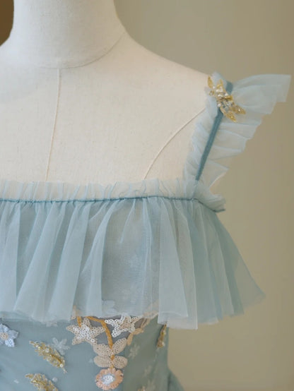 Cute Ball Gown Spaghetti Straps Light Sky Blue Tulle Long Prom Dresses Impress 19th Birthday Outfits Prom Gown AB865