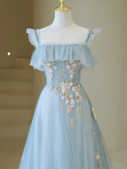 Cute Ball Gown Spaghetti Straps Light Sky Blue Tulle Long Prom Dresses Impress 19th Birthday Outfits Prom Gown AB865