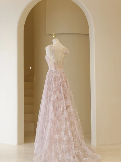 Robe de bal longue rose en tulle et dentelle, élégante, coupe trapèze, bretelles, inspiration robe de soirée formelle robe de bal N200