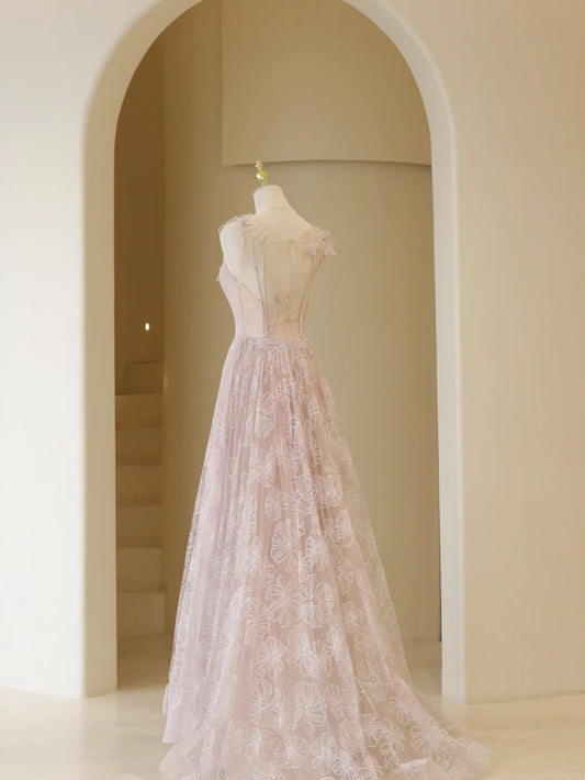 Stylish A line Straps Pink Tulle Lace Long Prom Dresses Inspiration Evening Gowns Formal Party Prom Dress N200
