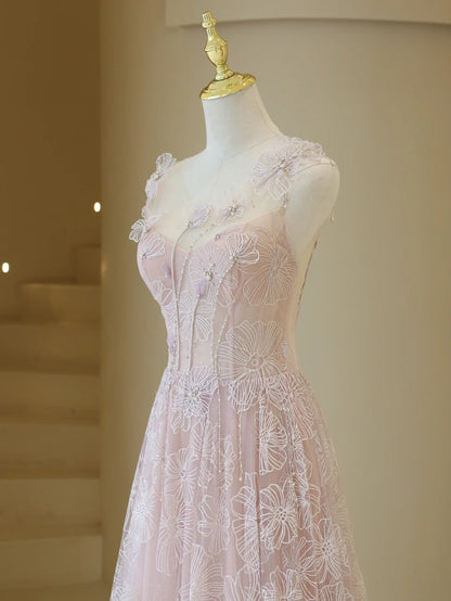 Robe de bal longue rose en tulle et dentelle, élégante, coupe trapèze, bretelles, inspiration robe de soirée formelle robe de bal N200