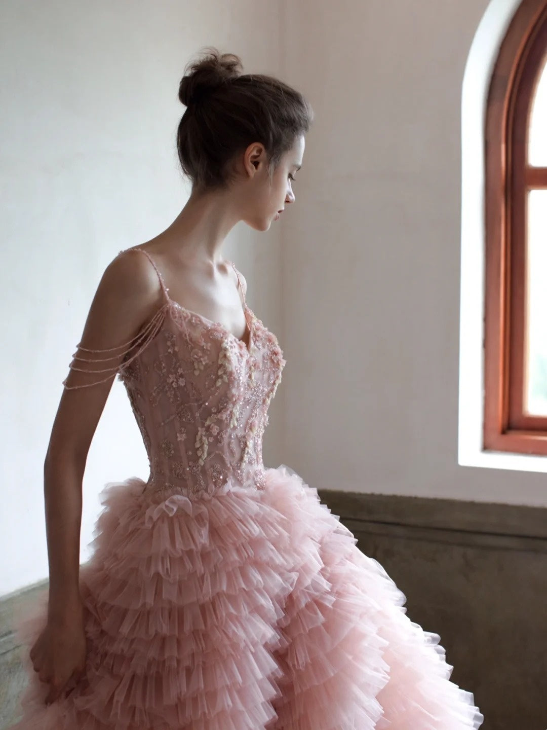 Robe de bal charmante à fines bretelles en tulle rose poudré, longue robe de soirée, inspiration robe de bal formelle N201