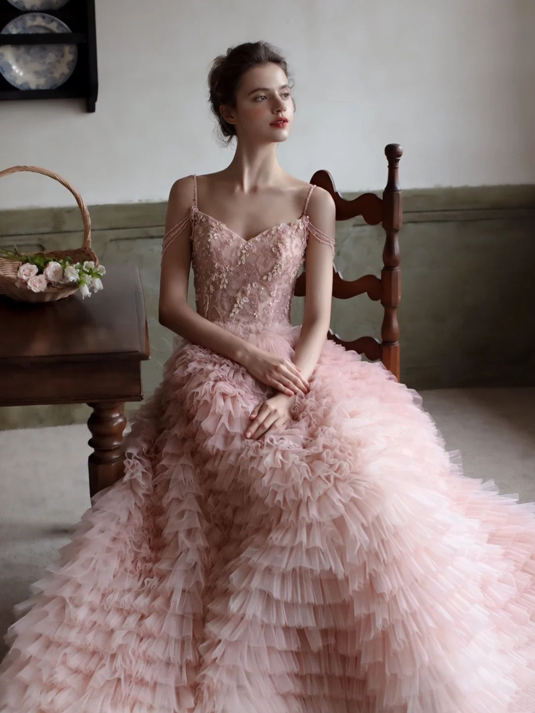 Robe de bal charmante à fines bretelles en tulle rose poudré, longue robe de soirée, inspiration robe de bal formelle N201
