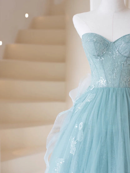 Niedliches, trägerloses, hellblaues Tüll-Abendkleid – ein echter Hingucker zum 19. Geburtstag (Modell N203).