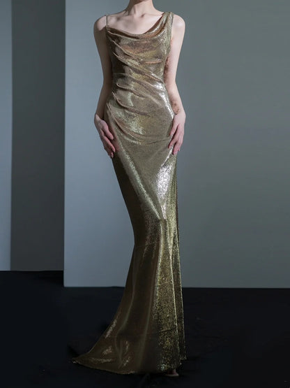 Robe de bal longue à paillettes, style sirène scintillant, bretelles asymétriques, champagne, tenue de bal pour 18 ans, RB1879