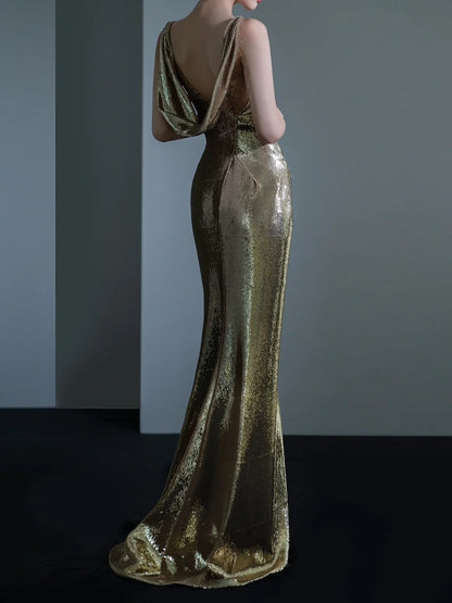 Robe de bal longue à paillettes, style sirène scintillant, bretelles asymétriques, champagne, tenue de bal pour 18 ans, RB1879