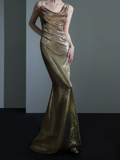 Robe de bal longue à paillettes, style sirène scintillant, bretelles asymétriques, champagne, tenue de bal pour 18 ans, RB1879