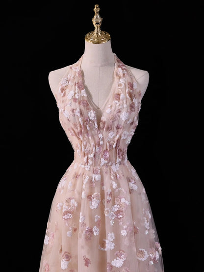 Robe de bal rose poudré en dentelle, coupe trapèze, dos nu, idéale pour les 18 ans et les fêtes (N211)