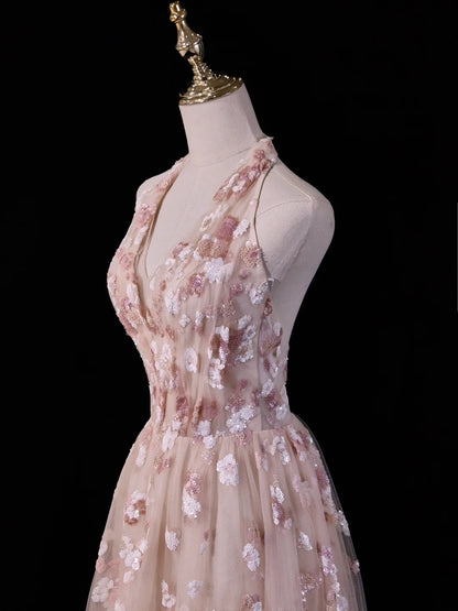 Robe de bal rose poudré en dentelle, coupe trapèze, dos nu, idéale pour les 18 ans et les fêtes (N211)