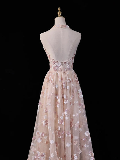 Robe de bal rose poudré en dentelle, coupe trapèze, dos nu, idéale pour les 18 ans et les fêtes (N211)