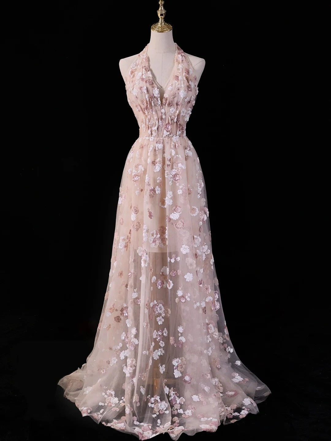 Robe de bal rose poudré en dentelle, coupe trapèze, dos nu, idéale pour les 18 ans et les fêtes (N211)