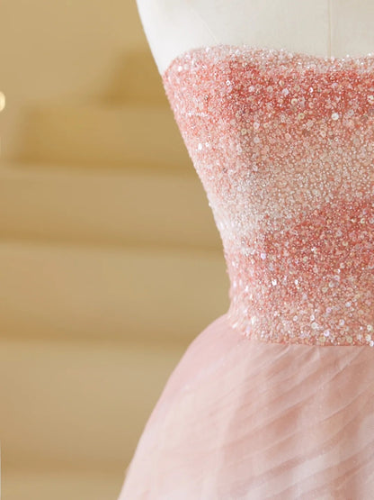 Elegant Ball Gown Strapless Pink Tulle Prom Dress Charming Evening Party Gowns Fashion Wedding Guest Dress AB1015