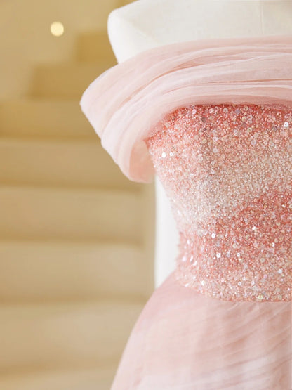 Elegant Ball Gown Strapless Pink Tulle Prom Dress Charming Evening Party Gowns Fashion Wedding Guest Dress AB1015