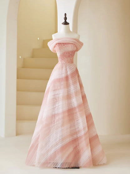 Elegant Ball Gown Strapless Pink Tulle Prom Dress Charming Evening Party Gowns Fashion Wedding Guest Dress AB1015