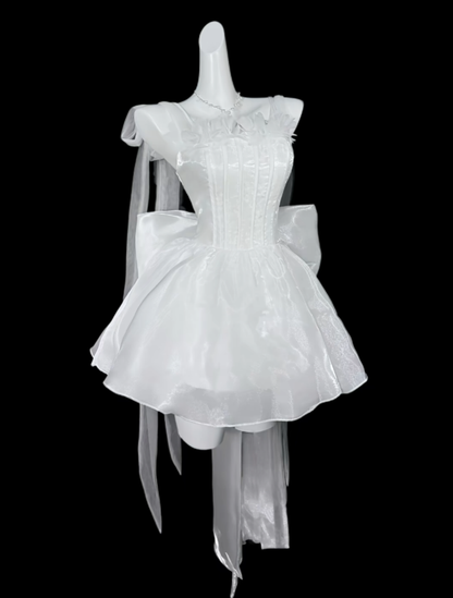 Niedliche Ballkleider Spaghettiträger Weiß Kurz mit Schleife Minikleid Partykleid Heimkehrkleider N4308