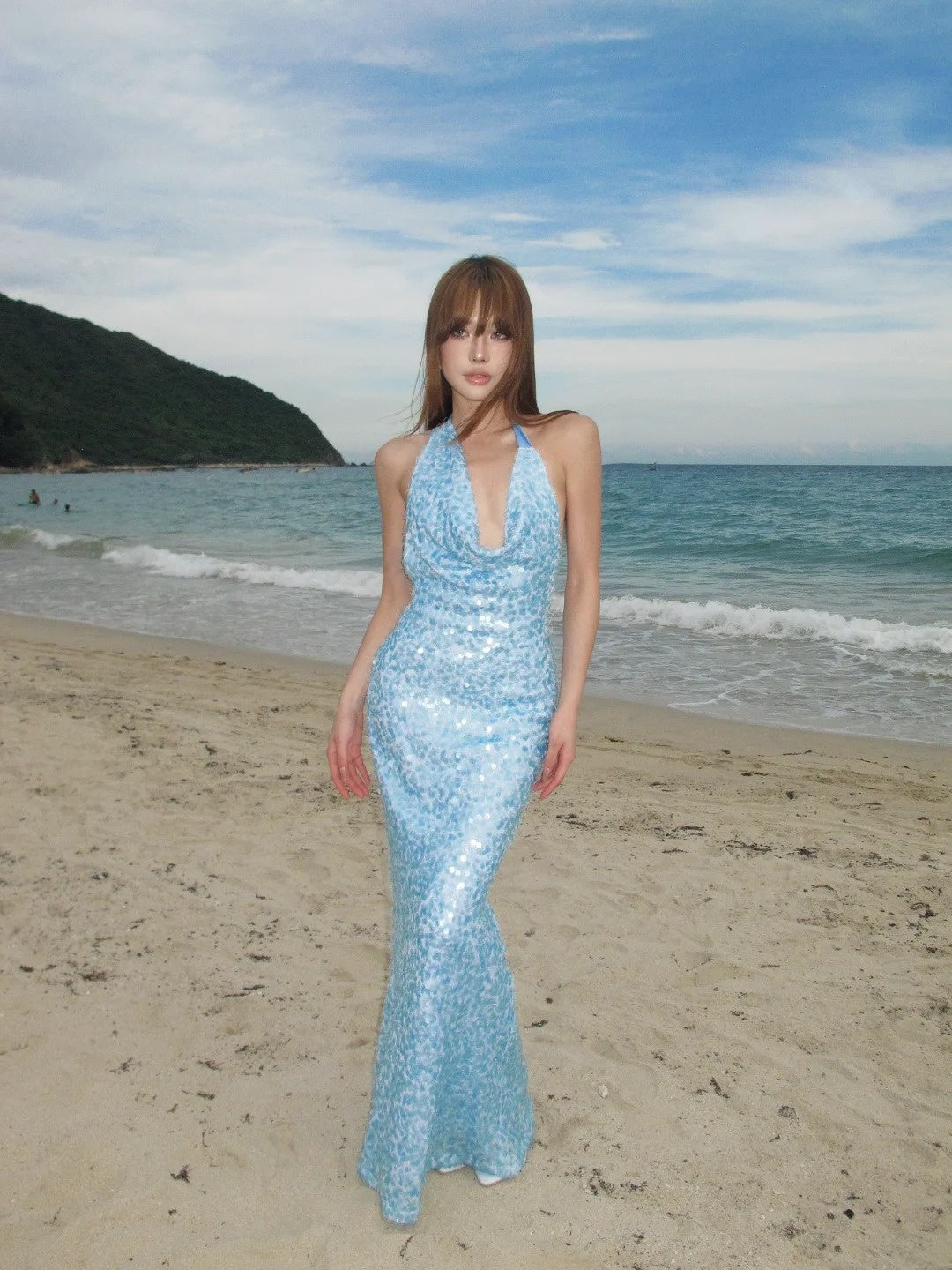 Glittery Mermaid Halter Light Blue With Open Backs Sequin Long Prom Dresses Inspiration 16th Birthday Outfits Formal Evening Dress N469